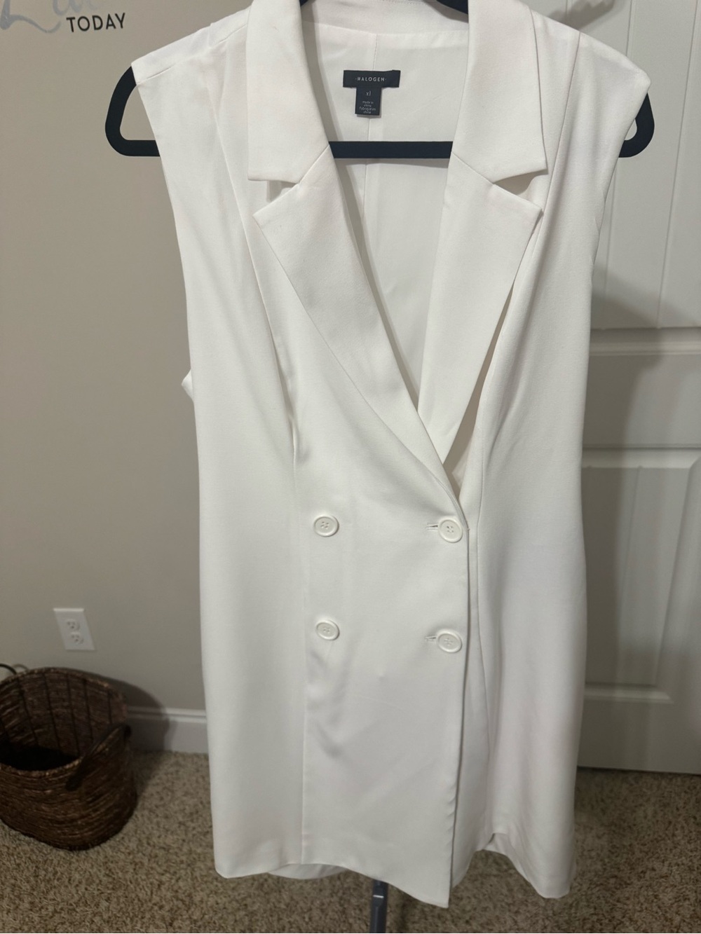 Halogen Sleeveless Double-Breasted White Blazer Romperwith lined attached shorts